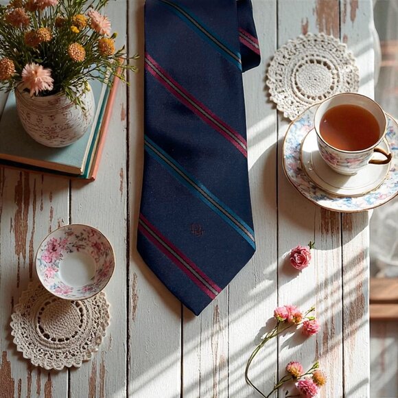 Christian Dior Men's Blue Striped Silk Blend Necktie - Picture 9 of 9